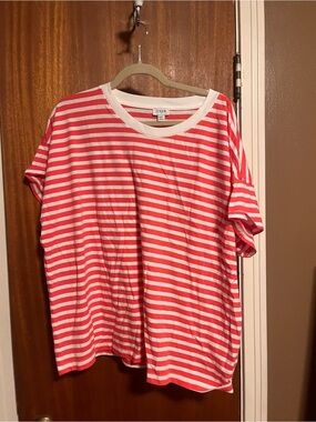 Coral & White Striped Short Sleeve Tee